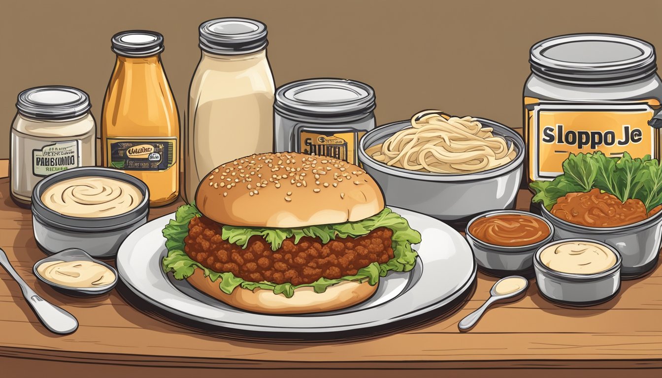 A table with a can of sloppy joe sauce and a jar of Alfredo sauce, surrounded by various fresh and canned ingredients