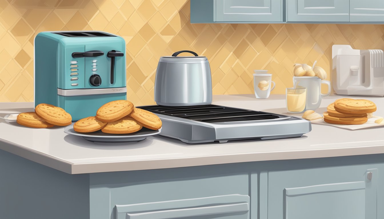 A kitchen counter with a can of biscuits and a package of frozen garlic bread, with a toaster oven in the background