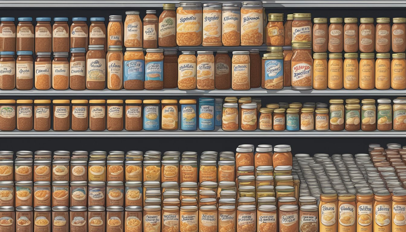 A crowded grocery store shelf with rows of canned sloppy joe sauce and jarred Alfredo sauce, prices displayed prominently