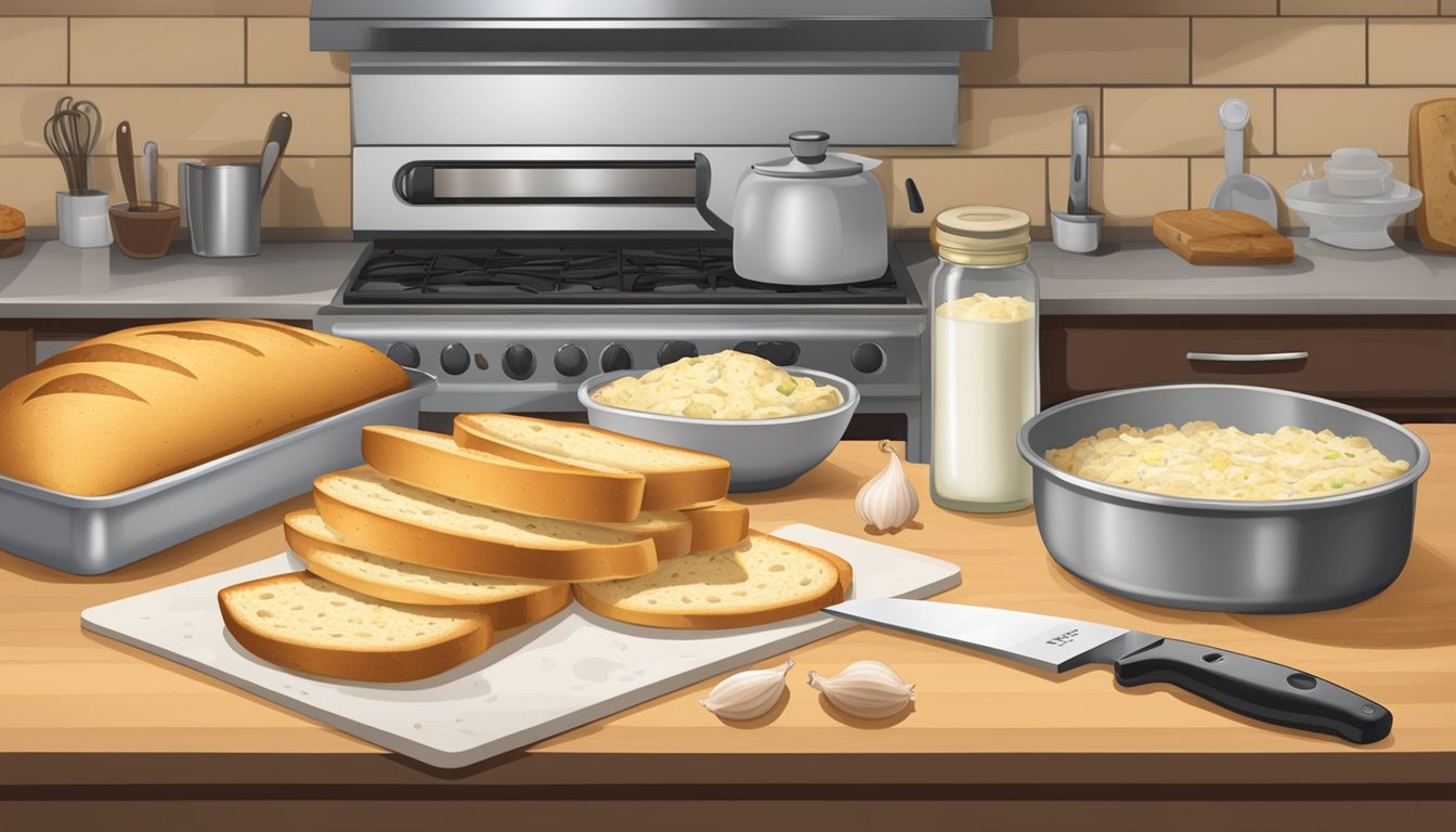 A kitchen counter with a variety of frozen garlic bread and canned biscuits spread out, with a chef's knife and cutting board nearby