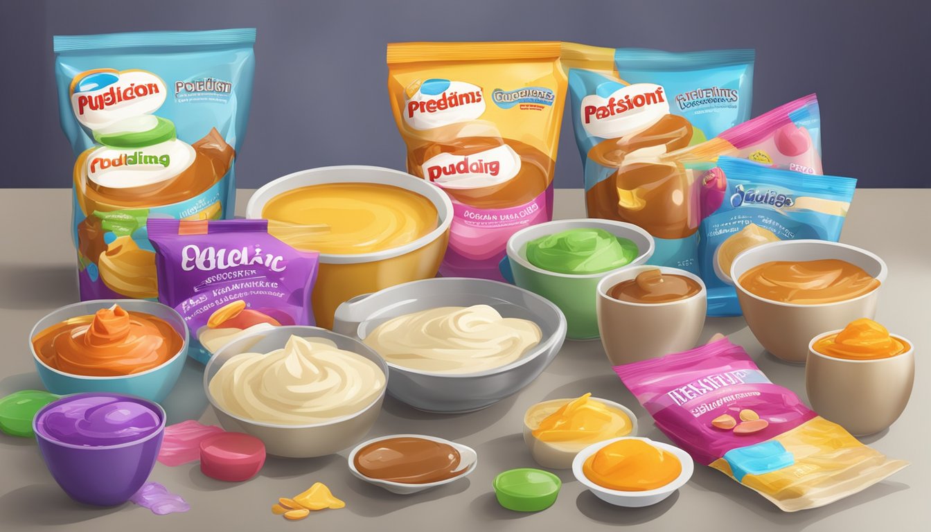 A colorful array of instant pudding and gelatin dessert mix packets arranged on a kitchen counter, with various utensils and ingredients scattered around