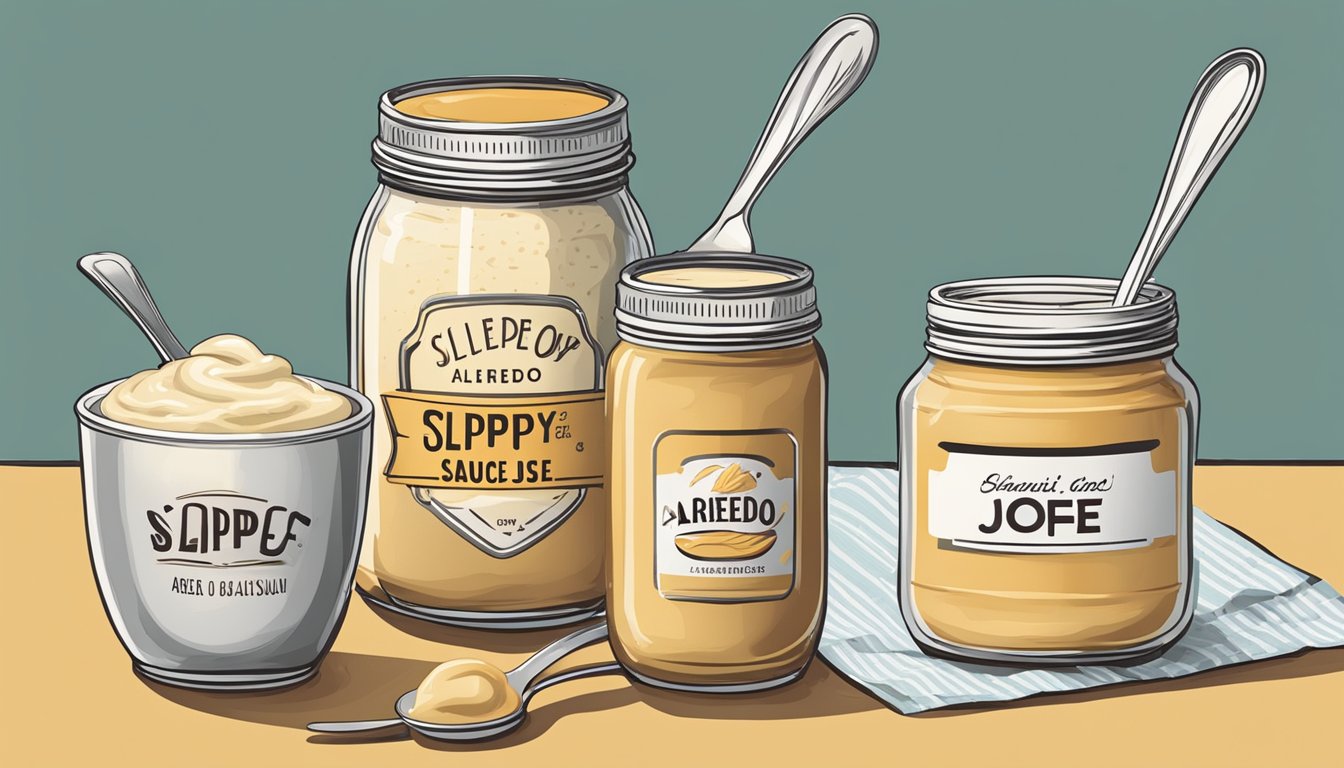 A table with two open cans, one labeled "sloppy joe sauce" and one open jar of "Alfredo sauce". A spoon is placed next to each container