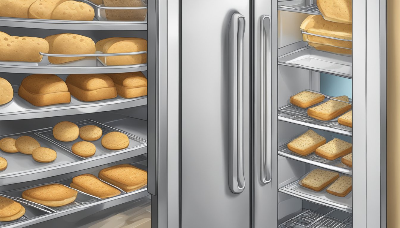 A freezer with frozen garlic bread next to a pantry with canned biscuits