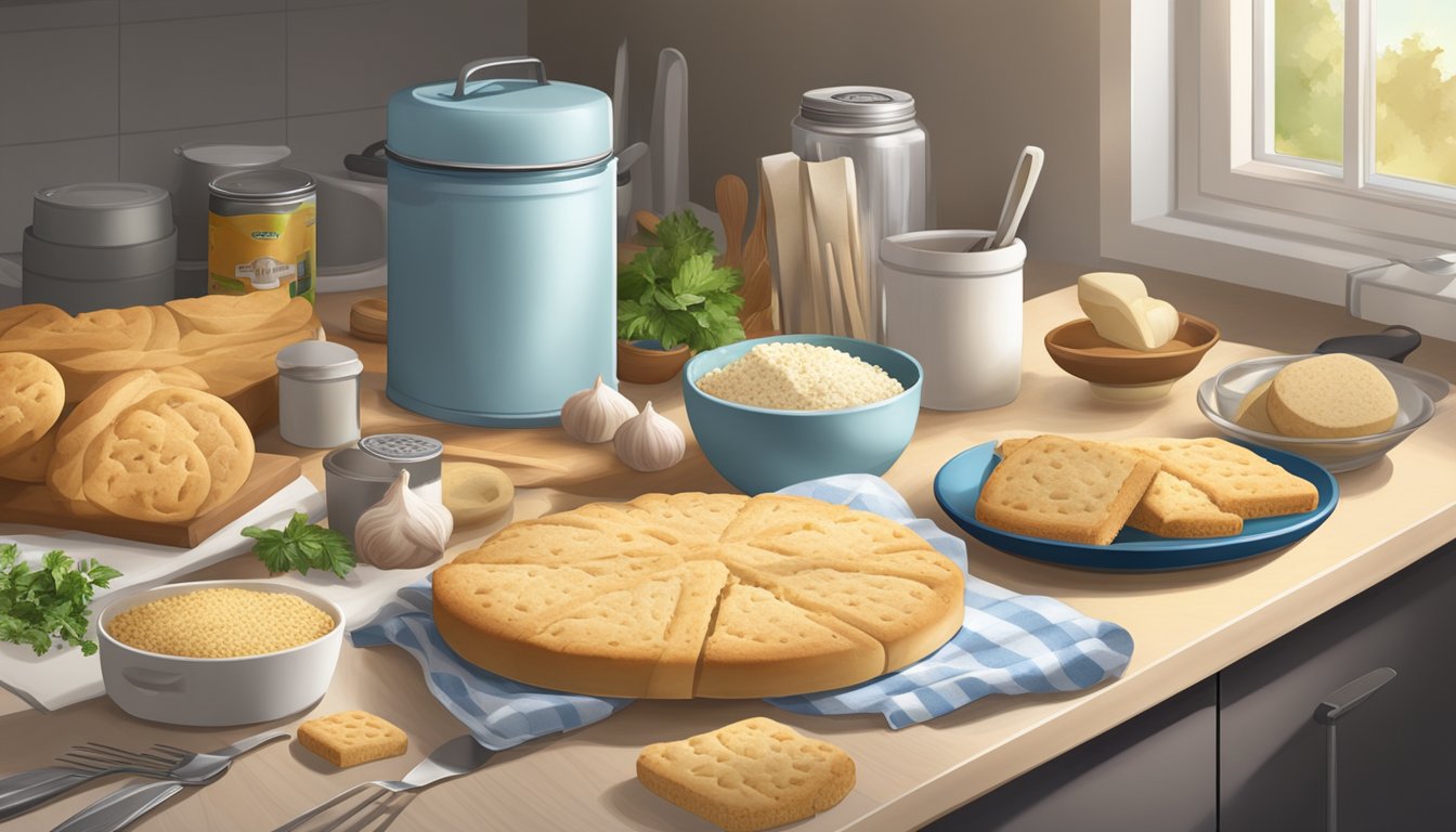 A kitchen counter with a package of frozen garlic bread and a can of biscuits, surrounded by various cooking utensils and ingredients