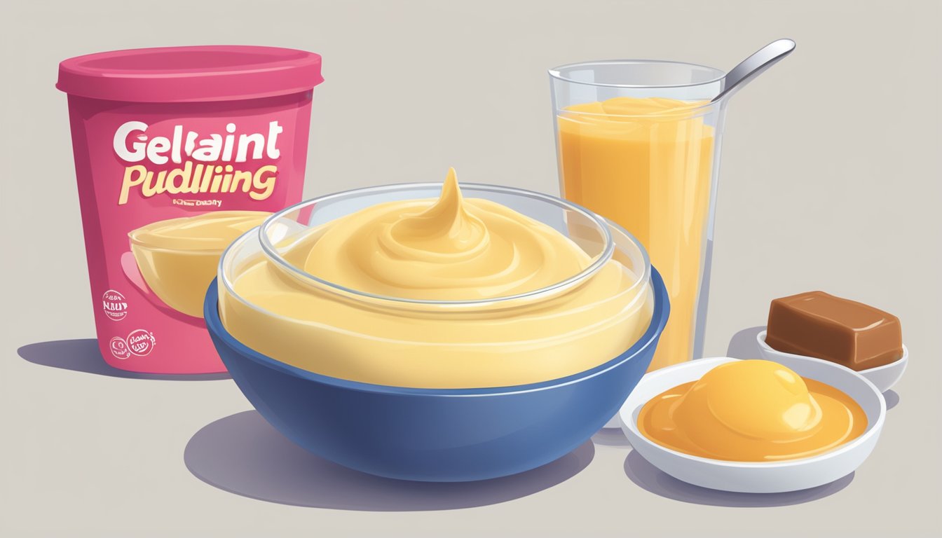 A bowl of instant pudding sits next to a bowl of gelatin dessert mix. The pudding is smooth and creamy, while the gelatin is wobbly and jiggly