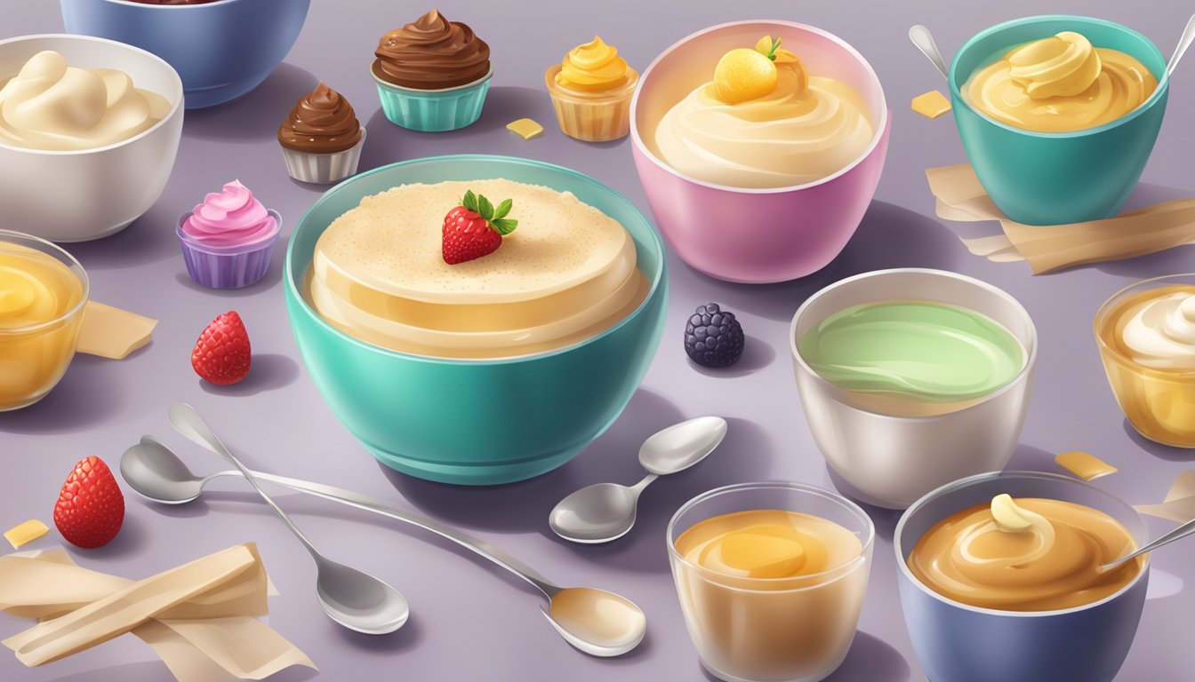 A table with two bowls of different desserts, one with instant pudding and the other with gelatin dessert mix, surrounded by scattered spoons and empty packages