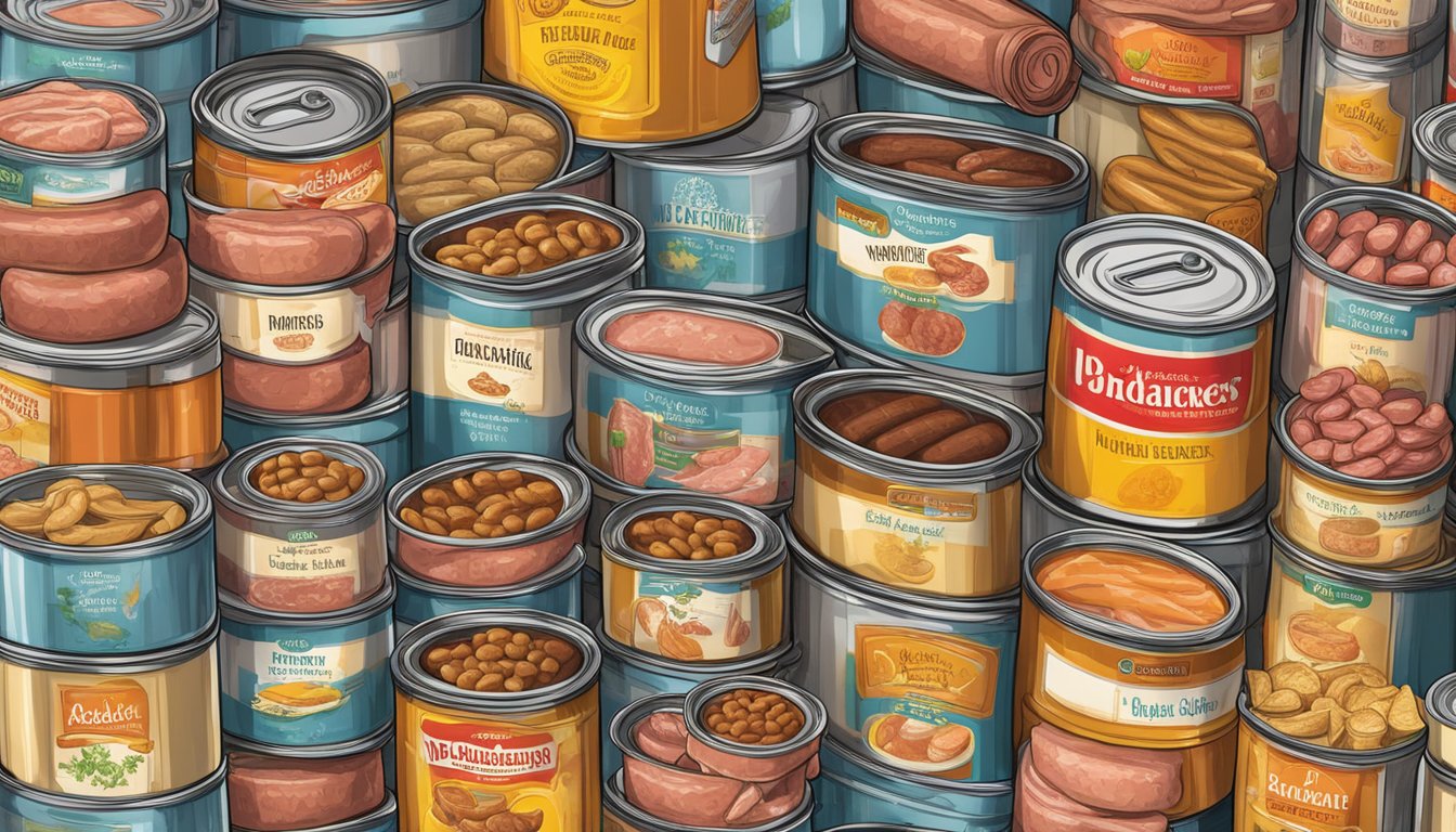 A variety of canned meats arranged on a shelf, including Vienna sausages and potted meat, with labels visible