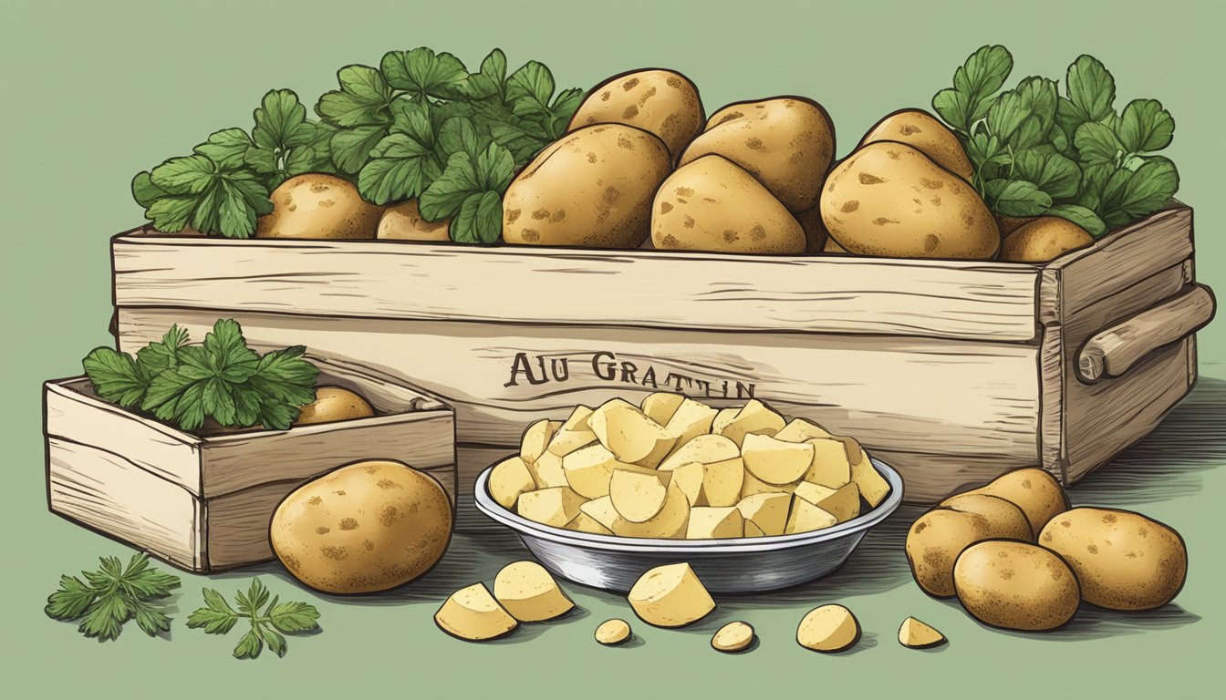 A table with two boxes of potatoes, one labeled "au gratin" and the other "scalloped," surrounded by various fresh potatoes, cheese, and herbs