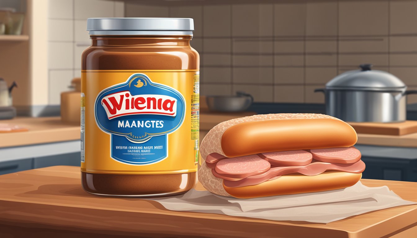 A can of Vienna sausages next to a jar of potted meat on a kitchen counter