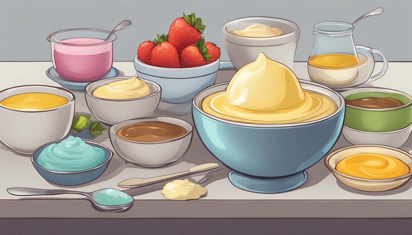 A table with two bowls, one containing instant pudding and the other gelatin dessert mix. Surrounding the bowls are various ingredients and utensils commonly used in making desserts