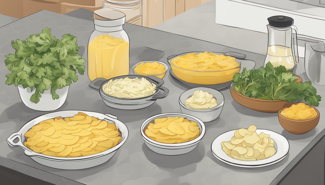 A comparison of boxed au gratin potatoes and instant scalloped potatoes, with the ingredients and preparation laid out on a kitchen counter