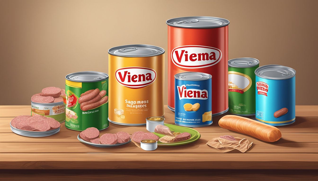 A can of Vienna sausages and a container of potted meat sit on a wooden table, surrounded by discarded wrappers and empty cans