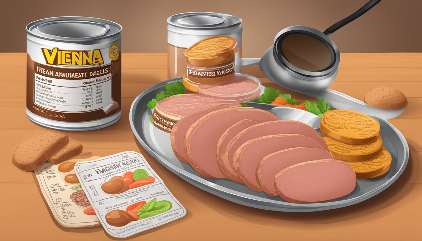 A table with opened cans of Vienna sausages and potted meat, surrounded by nutrition labels and a magnifying glass for close inspection