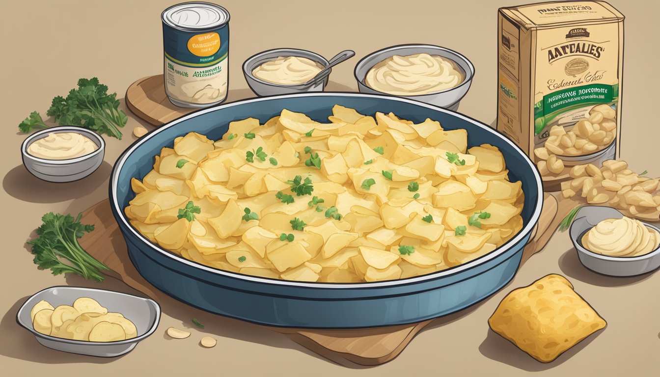 A table set with a box of au gratin potatoes next to a package of instant scalloped potatoes, with various alternative ingredients and dietary labels scattered around