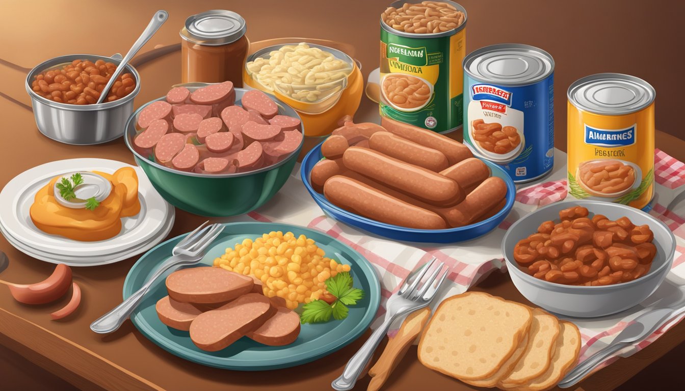 A table set with canned Vienna sausages and potted meat, surrounded by various meal ingredients and utensils