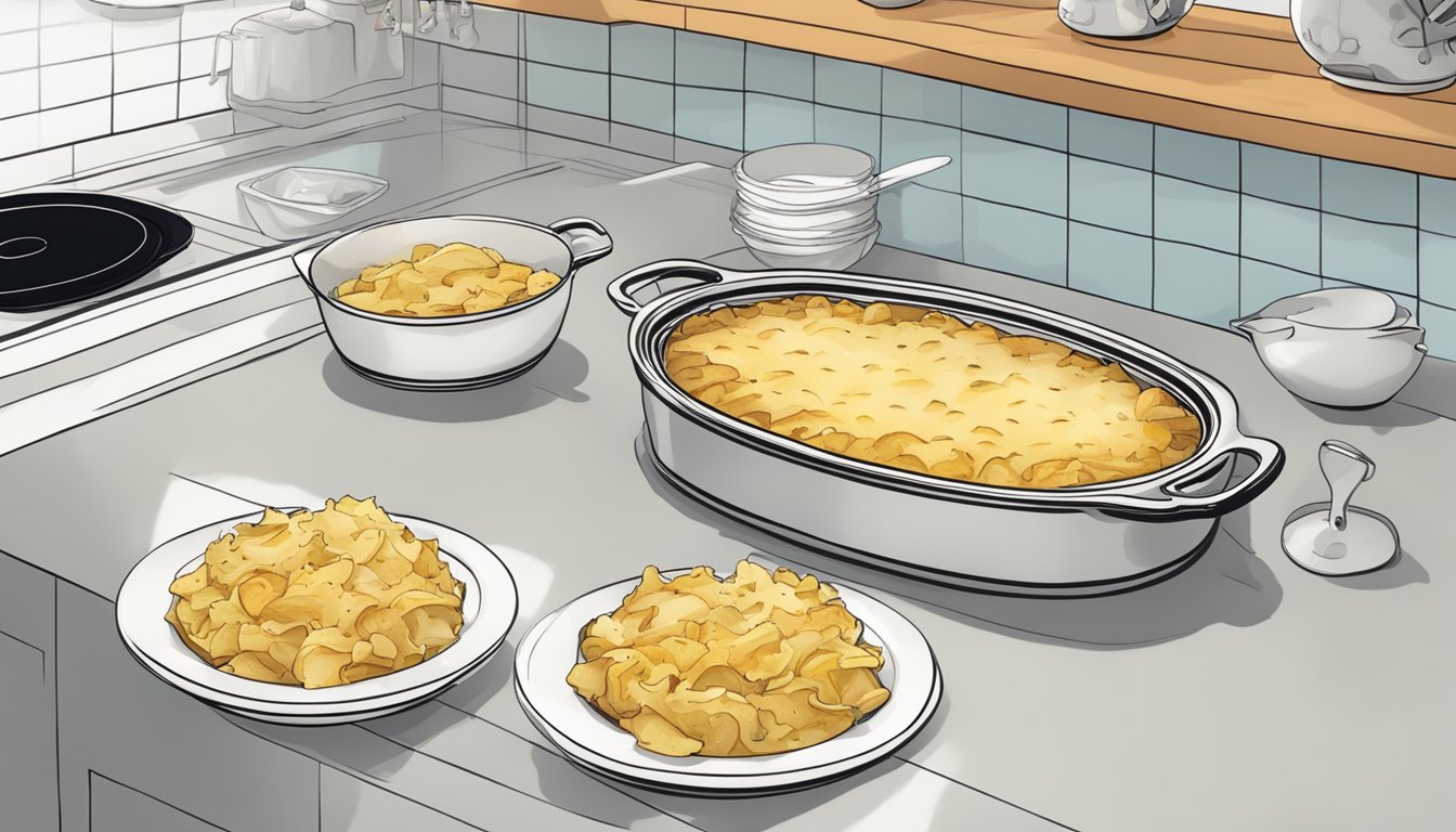 A table set with a steaming casserole dish of boxed au gratin potatoes next to a serving of instant scalloped potatoes in a modern kitchen