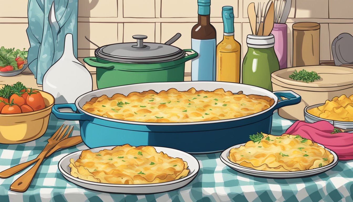 A kitchen counter with two unopened boxes of au gratin and scalloped potatoes, surrounded by various cooking utensils and a colorful tablecloth