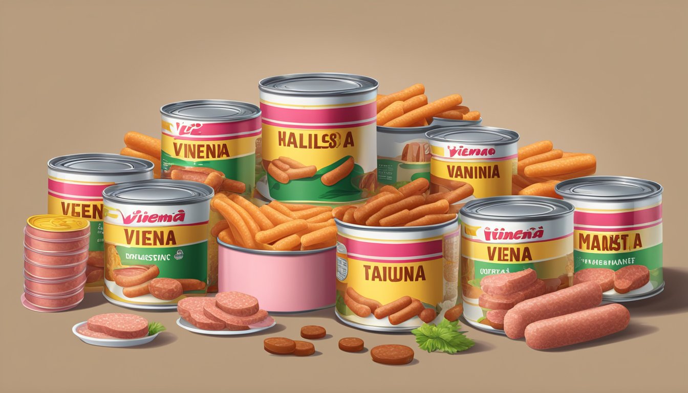 A table with opened cans of Vienna sausages and potted meat, surrounded by question marks