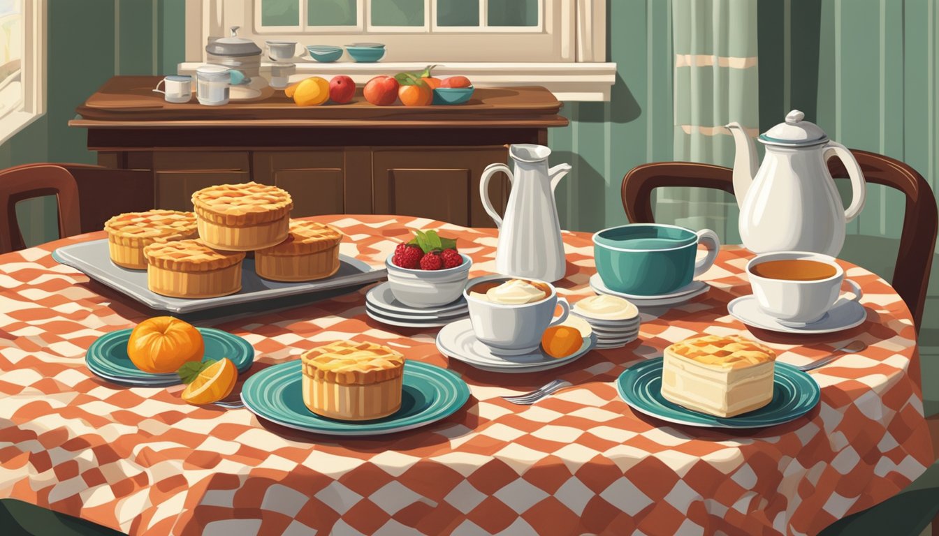 A vintage kitchen table with a checkered tablecloth, a plate of packaged fruit pies, and cream-filled snack cakes. An old radio plays in the background, evoking nostalgia