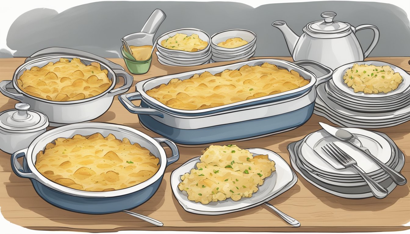 A table set with two steaming casserole dishes, one labeled "Boxed Au Gratin Potatoes" and the other "Instant Scalloped Potatoes," surrounded by empty plates and utensils