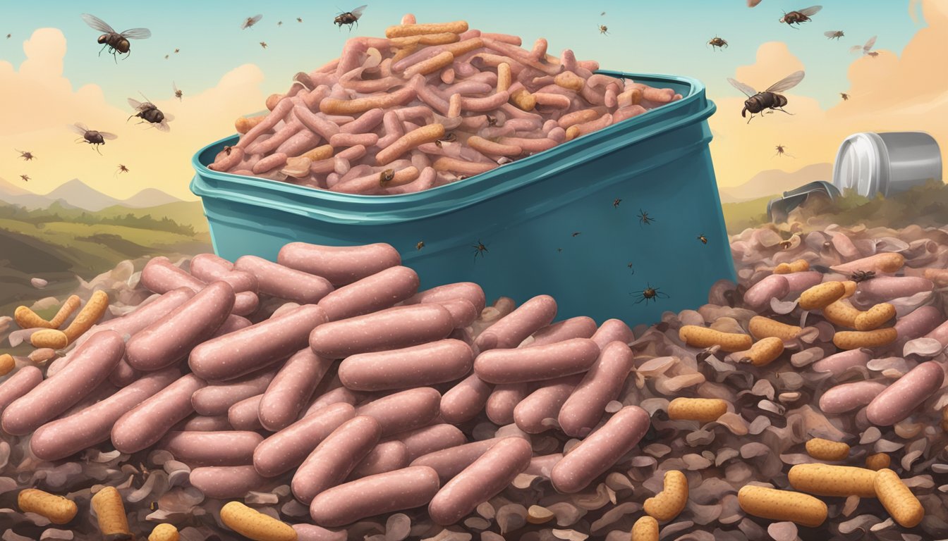 A pile of discarded canned Vienna sausages and potted meat in a landfill, surrounded by flies and emitting a foul odor