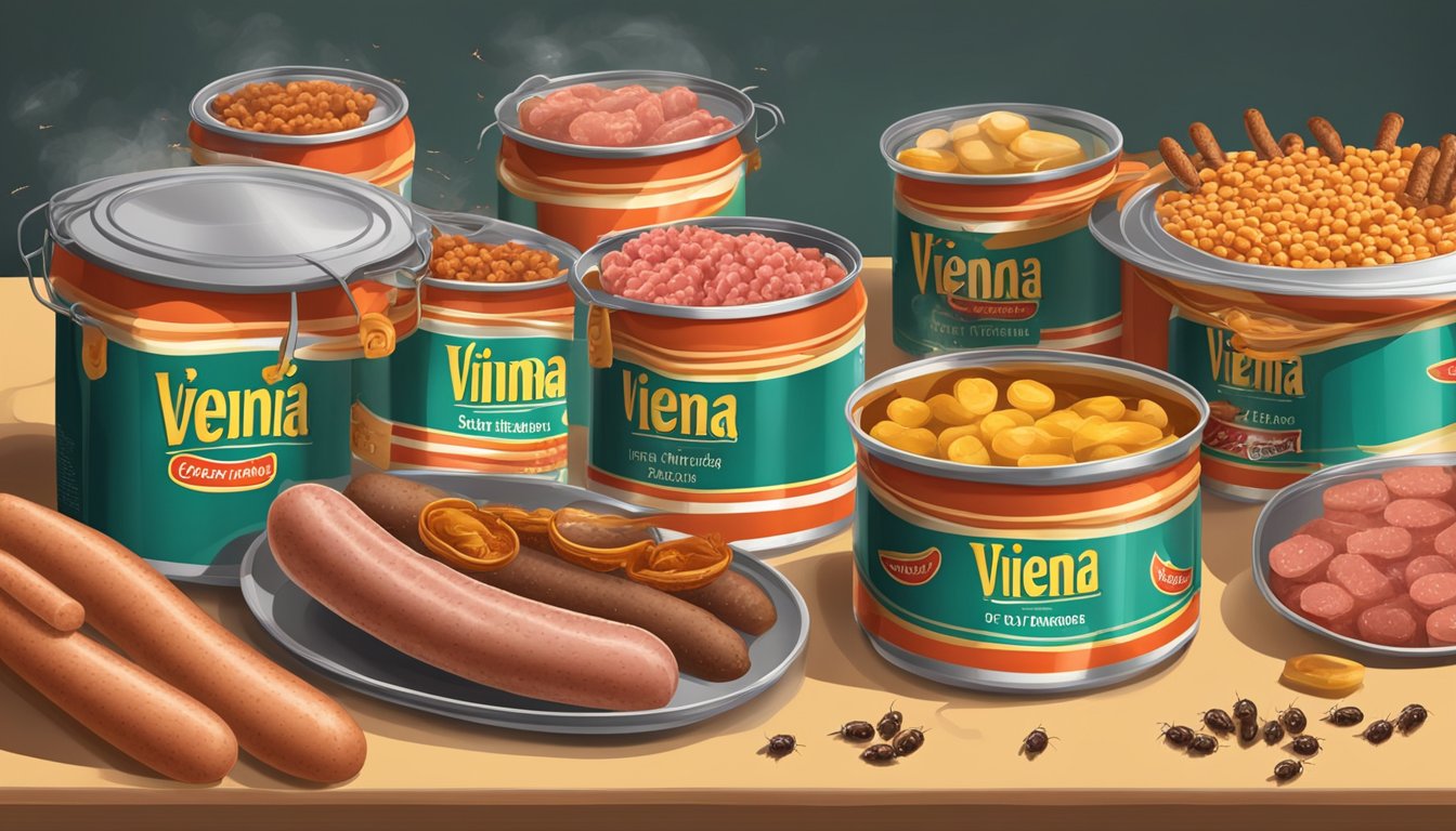 A table with open cans of Vienna sausages and potted meat, surrounded by flies and a foul odor