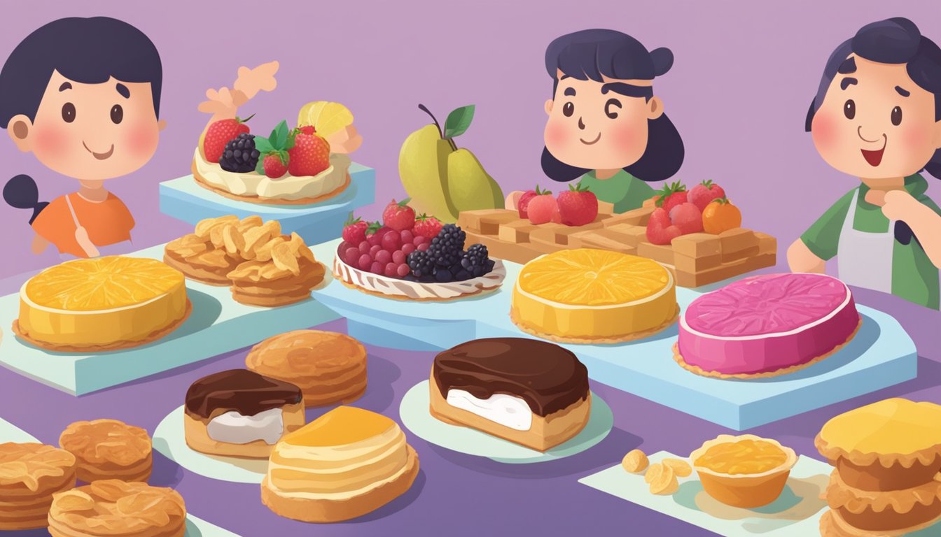 A table with packaged fruit pies and cream-filled snack cakes, surrounded by curious consumers comparing the two options