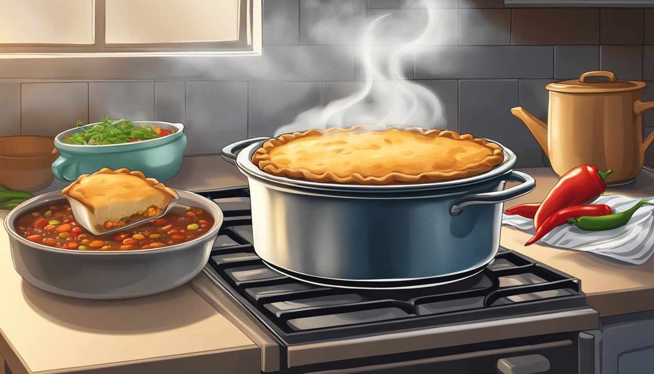 A steaming pot pie emerges from a frosty oven next to a bubbling pot of chili on a stove