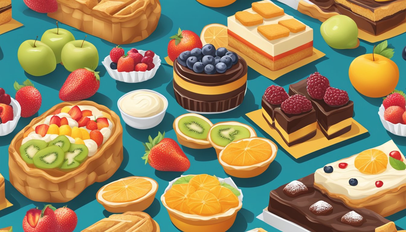 A table with an assortment of packaged fruit pies and cream-filled snack cakes, arranged in a colorful and eye-catching display