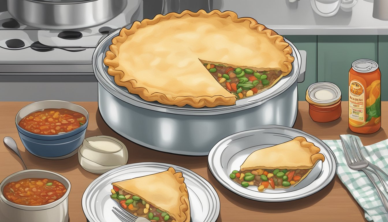 A frozen pot pie and a can of chili sit on a kitchen counter, surrounded by empty plates and utensils. The pot pie is still in its packaging, while the chili can has been opened and is partially empty