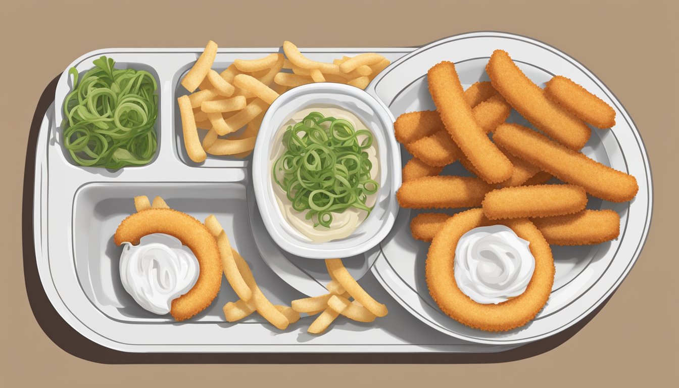 A plate divided in half, one side with frozen onion rings and the other with mozzarella sticks. A nutritional label hovers above each item