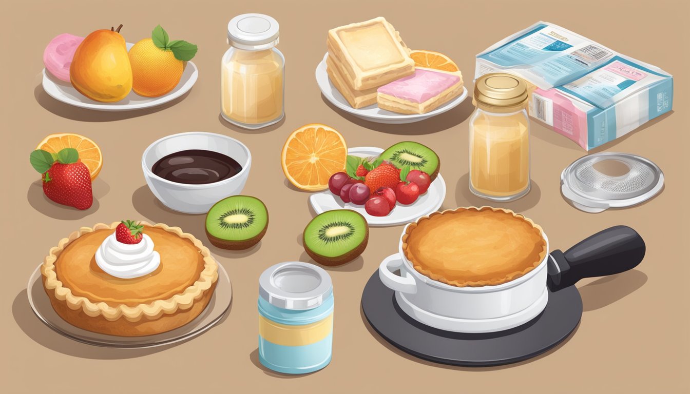 A table with packaged fruit pies and cream-filled snack cakes, surrounded by nutrition labels and a magnifying glass