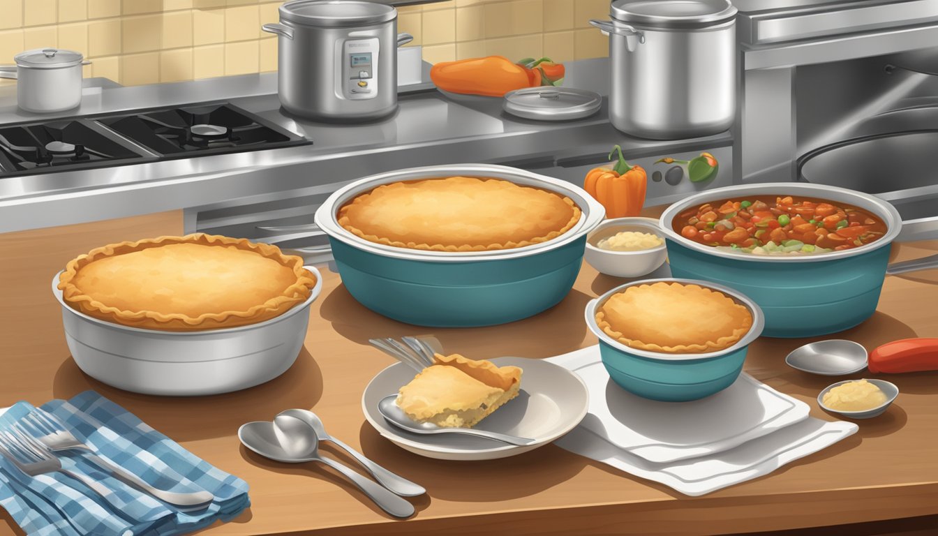 An open can of chili and a frozen pot pie sit on a kitchen counter, surrounded by empty bowls and spoons