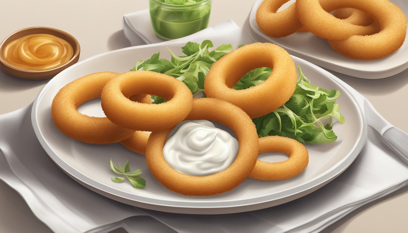 A plate with frozen onion rings and mozzarella sticks, showing their crispy texture and golden brown color