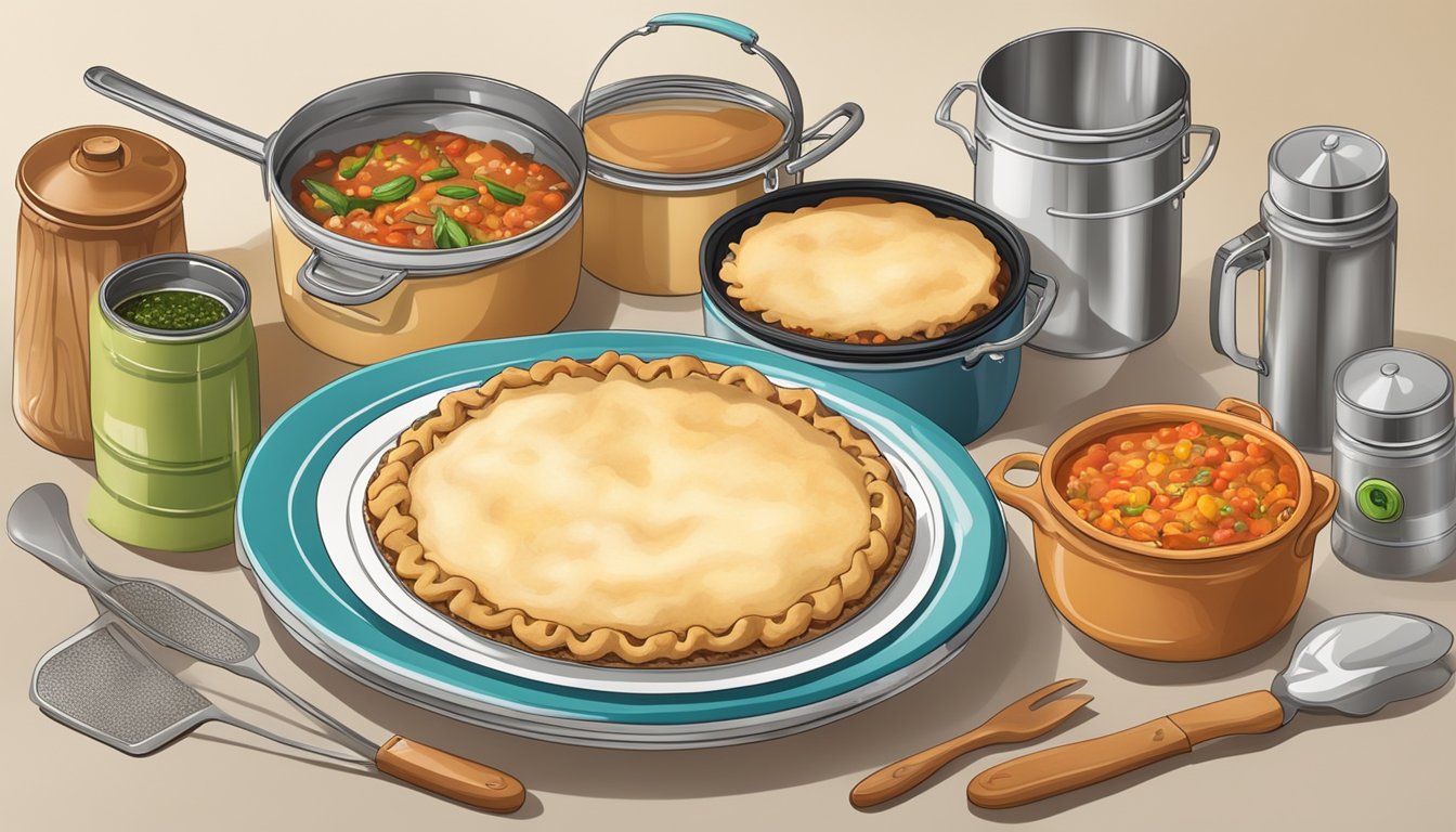 A kitchen counter with a frozen pot pie and a can of chili, surrounded by various cooking utensils and ingredients