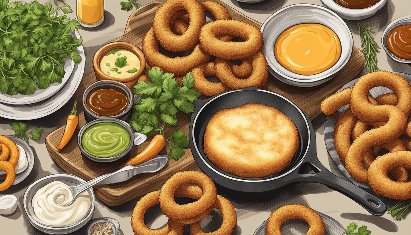 A sizzling skillet with golden-brown onion rings and mozzarella sticks, surrounded by a variety of dipping sauces and garnished with fresh herbs