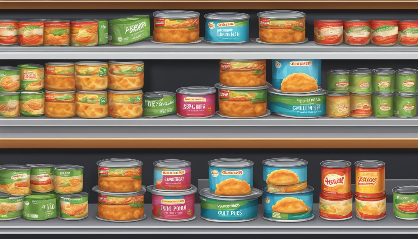 A stack of frozen pot pies next to a row of canned chili on a supermarket shelf