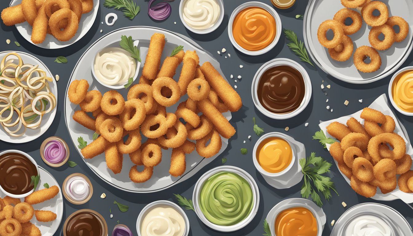 A plate of frozen onion rings and mozzarella sticks with various dipping sauces and pairings scattered around