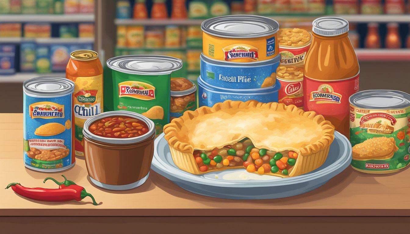 A frozen pot pie and a can of chili sit on a shelf in a grocery store, surrounded by other canned and frozen food items