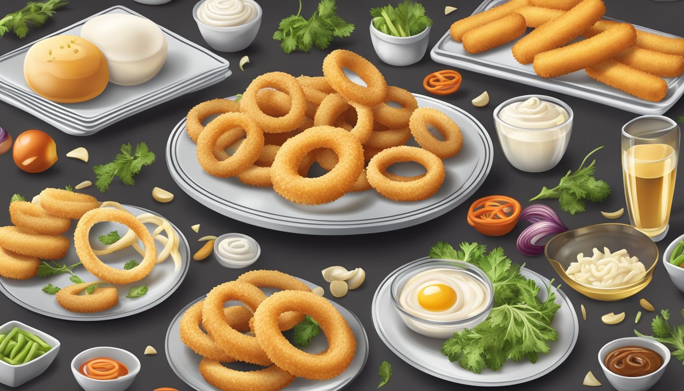 A plate with frozen onion rings and mozzarella sticks, surrounded by a variety of dietary labels and symbols