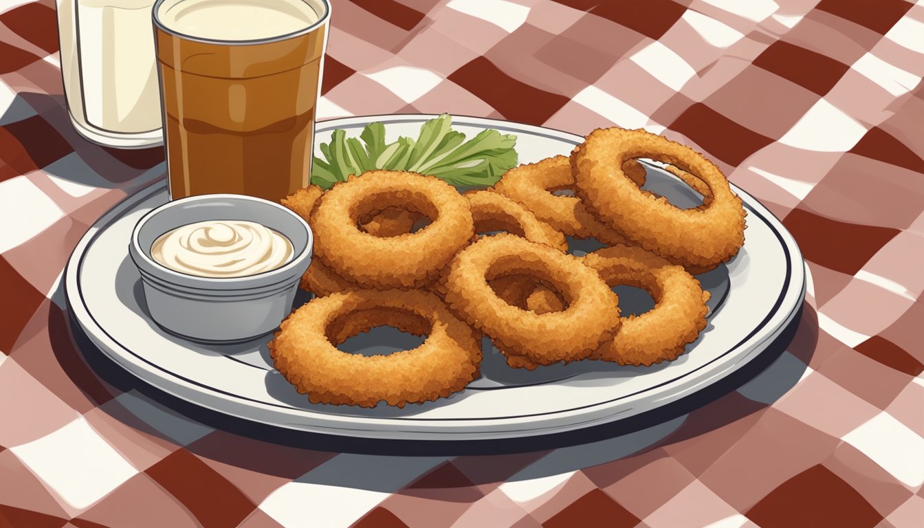 A plate with golden-brown onion rings and mozzarella sticks, accompanied by a side of dipping sauce, sits on a checkered tablecloth