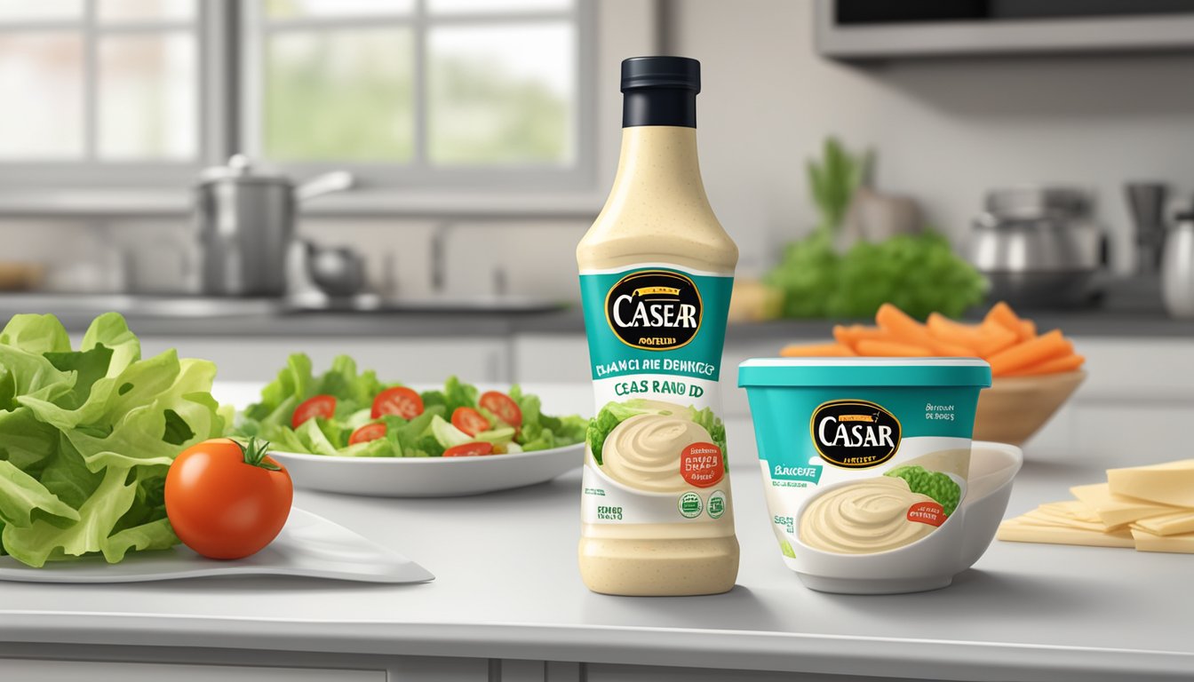 A bottle of Caesar dressing and a packet of ranch dip mix sit side by side on a kitchen counter, with a bowl of salad in the background