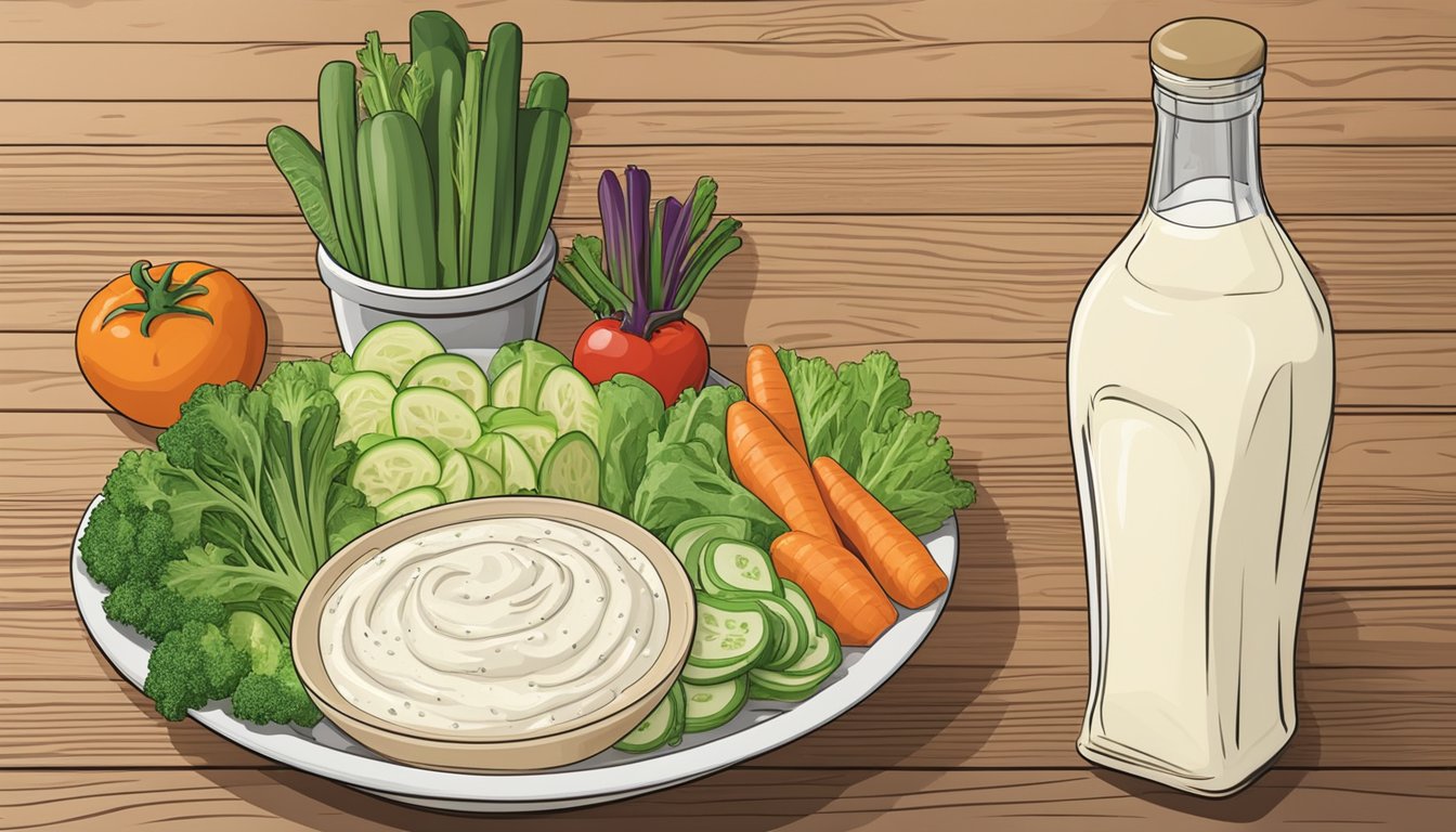 A bowl of ranch dip mix sits next to a bottle of Caesar dressing on a wooden table, surrounded by fresh vegetables and chips