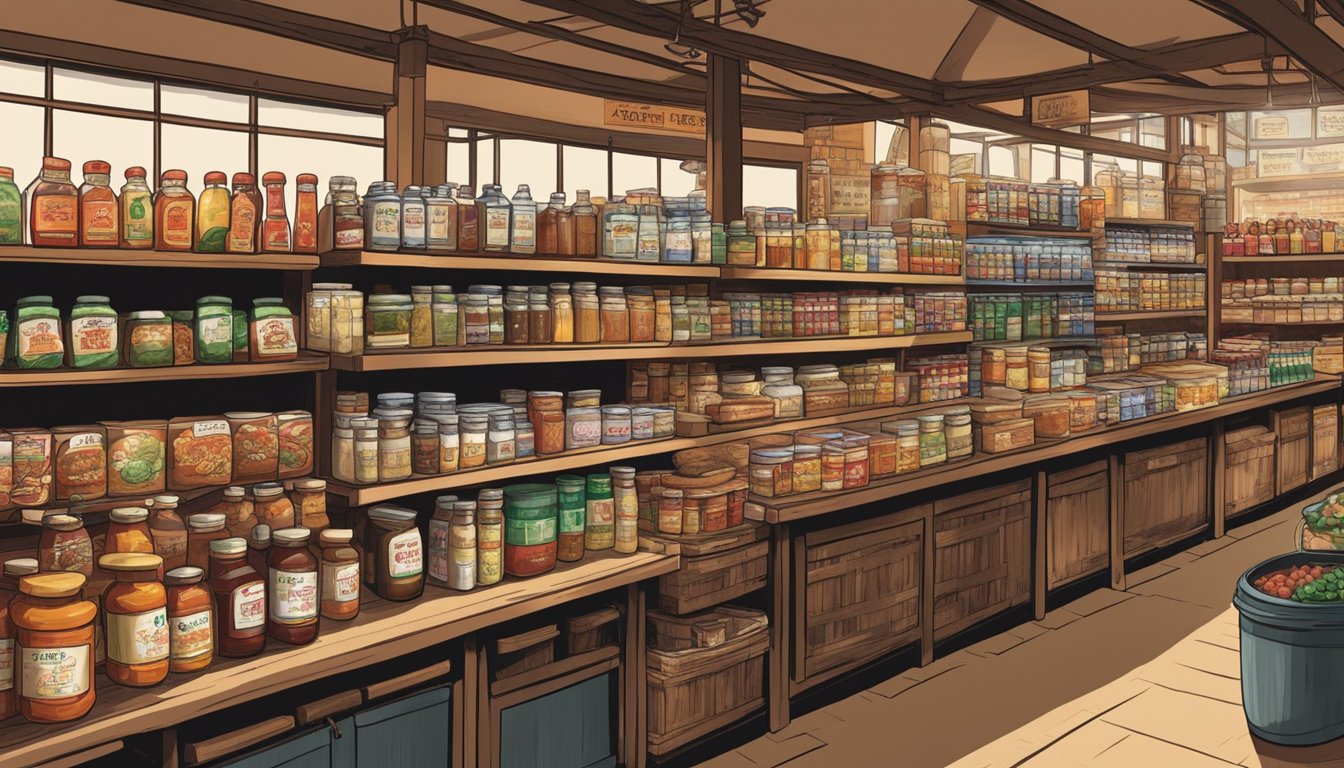 A bustling Asian market with shelves of bottled sauces and traditional ingredients, evoking the historical origins and cultural significance of teriyaki and sweet and sour sauces