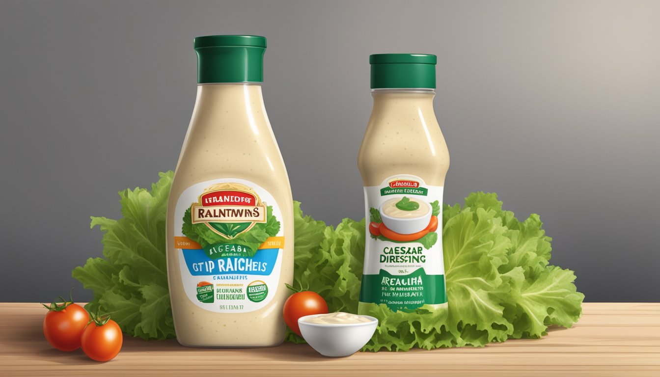 A bottle of Caesar dressing and a packet of ranch dip mix sit side by side on a wooden table, surrounded by scattered lettuce leaves and cherry tomatoes