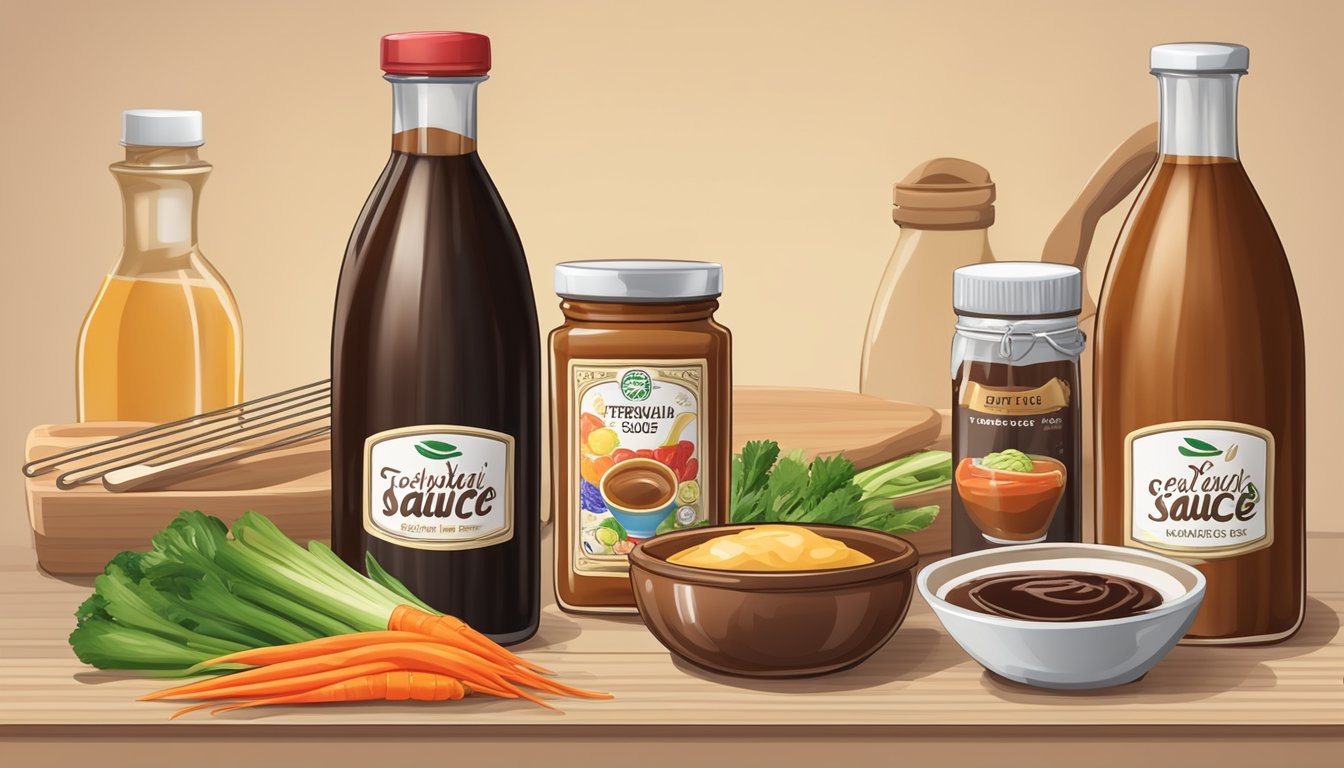 A bottle of teriyaki sauce and a bottle of sweet and sour sauce on a kitchen counter, surrounded by various ingredients and cooking utensils