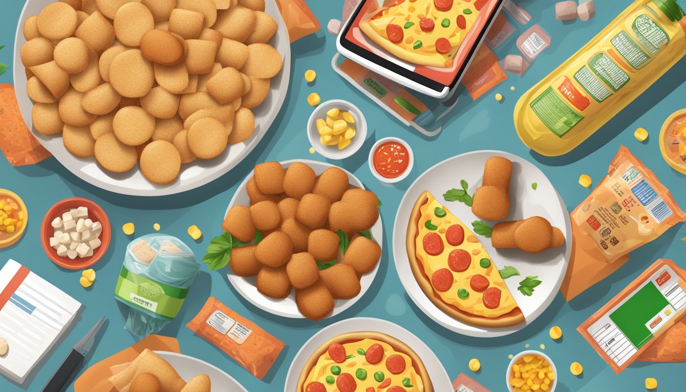 A plate with frozen pizza rolls on one side and mini corn dogs on the other, surrounded by scattered nutritional labels and a calculator