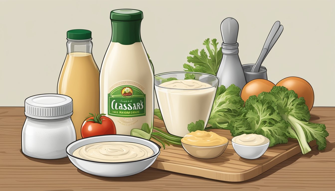 A table with a bottle of Caesar dressing and a packet of ranch dip mix, surrounded by various fresh ingredients and kitchen utensils