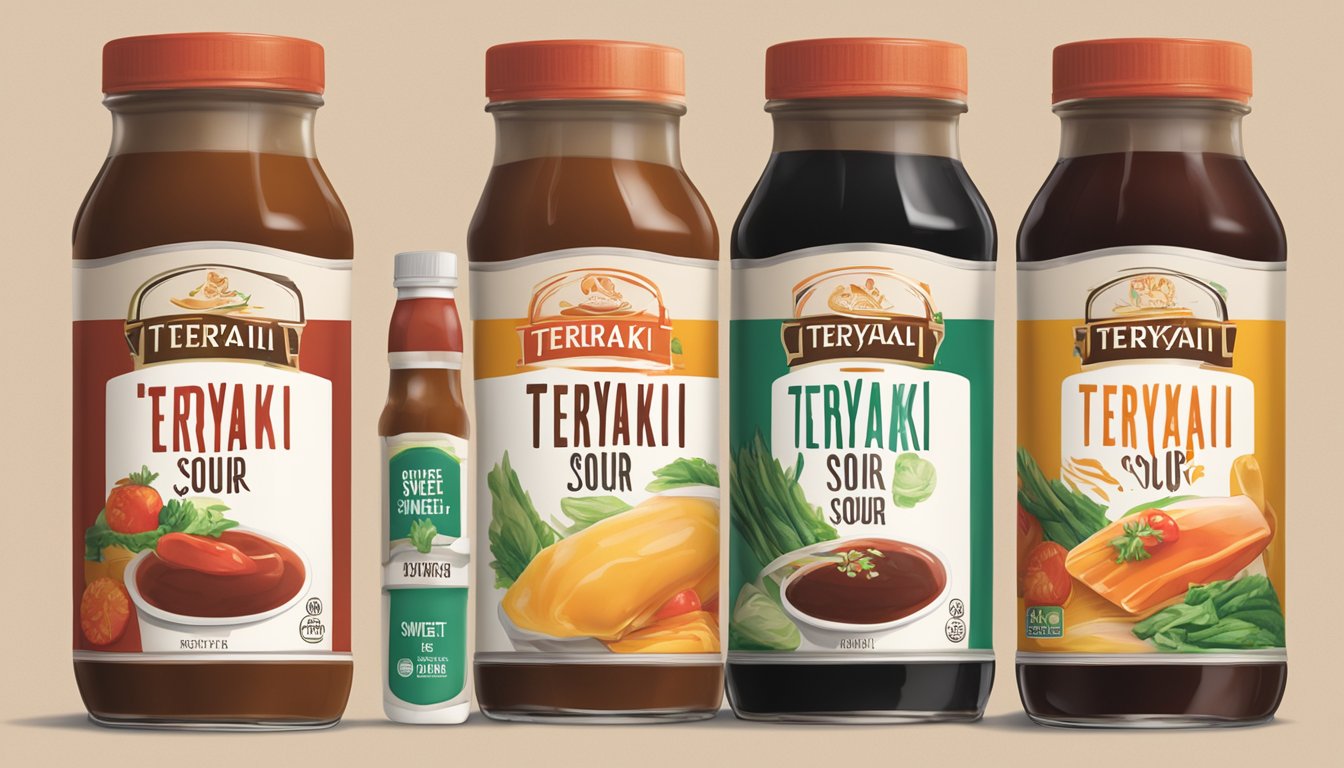 A table with two bottles of sauce, one labeled "teriyaki" and the other "sweet and sour." A nutrition label is visible on each bottle