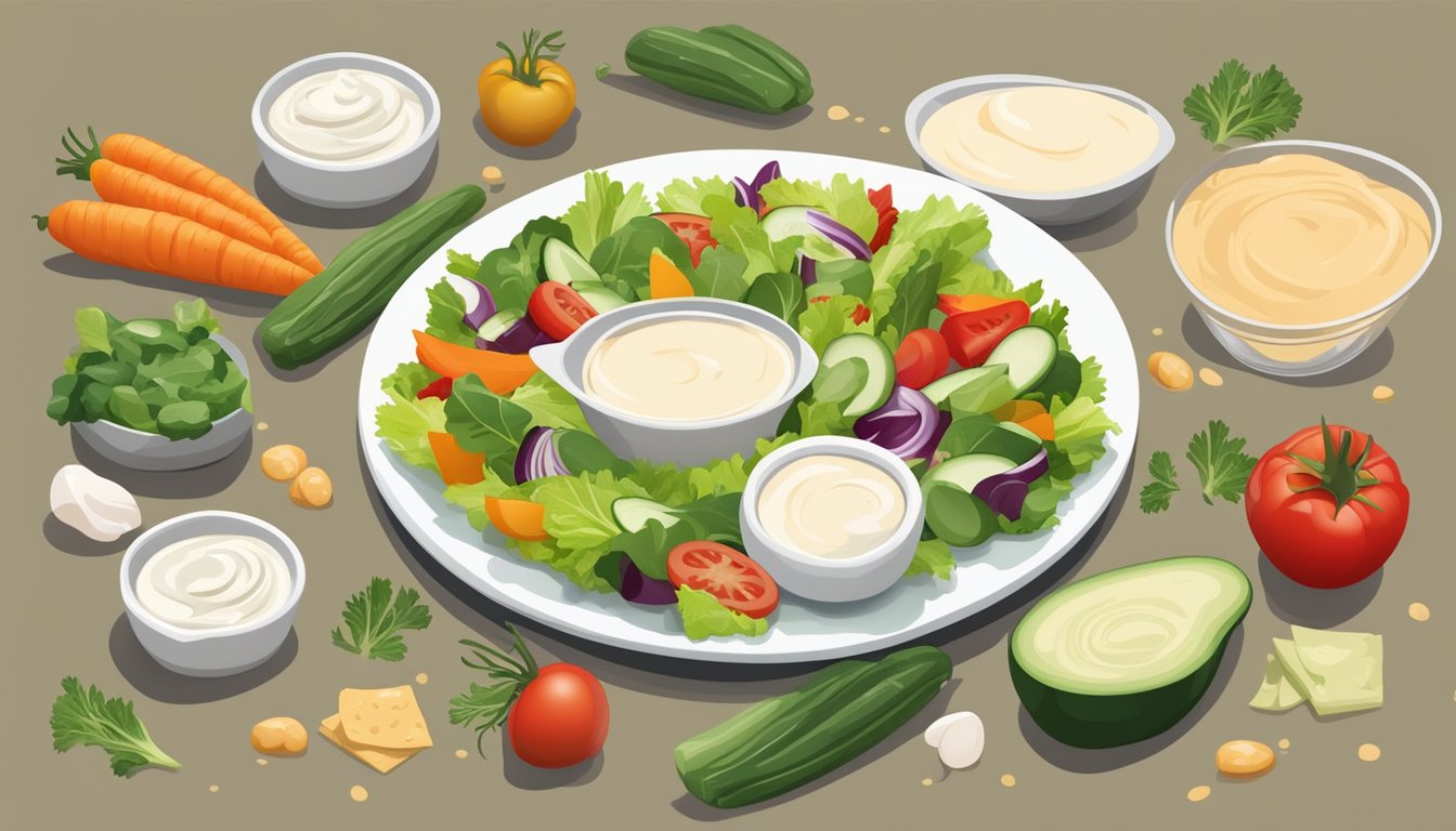 A table with a bottle of Caesar dressing and a packet of ranch dip mix surrounded by various fresh vegetables and salad ingredients